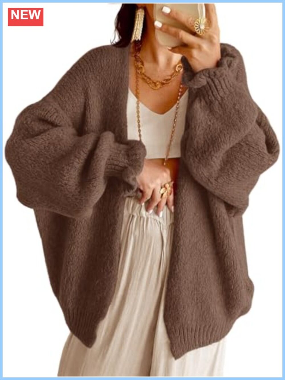 Oversized Chunky Knit Open Front Cardigan Lantern Sleeve Loose Fit